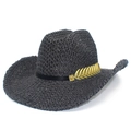 Hollow-out black straw cowboy hat with gold feather accessory and sleek black band - Black