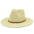 Classic beige wide brim straw fedora hat for sun protection with a stylish metal chain band - One Size / Khaki