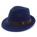 Classic dark blue wool fedora hat with brown leather band and gold M metal logo - Dark Blue
