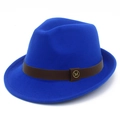 Classic royal blue wool fedora hat with brown leather band and gold metal logo charm - Sapphire Blue