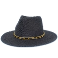 Elegant black woven straw sun hat for couples with a stylish gold chain trim accent - One Size / Black