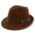 Close-up of the vintage dark brown wool fedora with leather band and gold metal M logo - Coffee