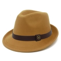 Detail of camel wool fedora hat with brown leather band and gold M metal buckle - Camel