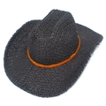 Classic black woven straw cowboy hat with a bright orange decorative braided band - Black Woven Cowboy Straw Hat / Black