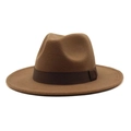 Detailed view of camel wool felt fedora with a tear-drop crown and dark brown ribbon - Light Coffee