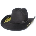 Classic black suede cowboy hat with exquisite gold floral embroidery and a leather buckle strap - Gold