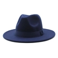 Detailed close-up of navy blue wool fedora hat with matching grosgrain ribbon band - Navy Blue