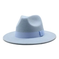 Detail of the light blue wool fedora featuring a matching grosgrain ribbon and flat brim - Sky Blue