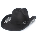 Black suede western cowboy hat with silver floral embroidery and leather buckle band - Silver