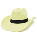 Cappello da cowboy in paglia intrecciata con tesa larga ondulata e nastro nero decorativo - Beige
