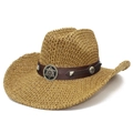 Western straw cowboy hat with wide brim featuring star metal studs and leather band - Brown