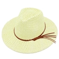Detailed macro view of woven straw texture and decorative brown leather tassel on the sun hat - Beige