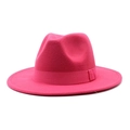Detail view of the rose pink fedora hat featuring matching ribbon and wide brim - Rose Red