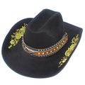 Sombrero vaquero de ante negro con bordados dorados y emblema de cabeza de toro plata - Talla única / Dorado
