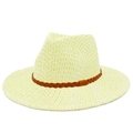Close-up of wide brim straw hat with brown braided leather band for summer beach sun protection - One Size / Beige