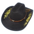 Cappello da cowboy western nero retrò con ricami dorati e ornamento a testa di toro - Oro