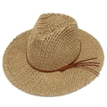 Detail of hand-woven straw fedora hat featuring a brown leather band and tassel accents - Brown