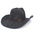 Cappello da cowboy in paglia grigio scuro con fascia in pelle e fibbia metallica con toro - Nero