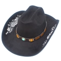 Chapeau de cowboy noir en daim avec broderie florale et ruban perlé turquoise de style western - Broderie Florale Argentée / Argenté