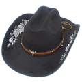 Cappello da cowboy vintage nero con ricamo floreale e fibbia in metallo a testa di toro - Argento