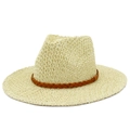 Close-up of beige woven straw hat with brown leather belt detail and wide brim - One Size / Khaki