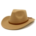 Classic khaki wool fedora cowboy hat with woven leather band for men and women - Camel