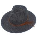 Detailed view of dark grey straw fedora hat featuring a brown woven leather band and tassel - Black