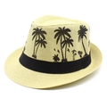 Classic straw fedora hat with black coconut tree prints and ribbon for beach sun protection - One Size / Beige
