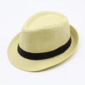 Close-up detail of classic straw fedora featuring a tight weave and black ribbon trim - Light Yellow