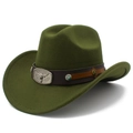 Detail of olive green felt cowboy hat featuring a silver bull head metal emblem and star studs - Army Green