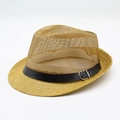 Cappello di paglia estivo da uomo con trama a rete traspirante e cintura nera decorativa - Taglia unica / Cachi