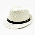 Classic white woven straw fedora hat with black decorative leather belt and silver metal buckle - One Size / Cream
