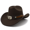 Detailed view of dark brown felt cowboy hat with leather band and metal bull head buckle - Coffee