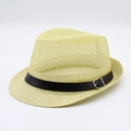 Detail of breathable straw sun hat with mesh weave and black band with silver buckle - One Size / Beige