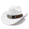 Classic white western cowboy hat with brown leather belt and bull head metal buckle - White