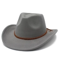 Detailed macro view of the grey felt fedora featuring a classic woven brown band - Gray