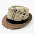 Herren Strohhut Fedora mit beigem Karomuster und brauner Krempe für Strand und Sonnenschutz - Einheitsgröße / Kaffeebraun