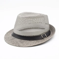 Cappello di paglia Fedora in rete grigia da uomo con fascia in pelle nera e fibbia oro - Taglia unica / Grigio