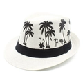 Classic white straw fedora hat with black palm tree prints and a black ribbon band - One Size / White