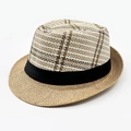 Eleganter Strohhut für Herren mit gestreifter Krone und schwarzem Band für Strand und Sonne - Einheitsgröße / Khaki
