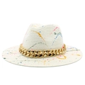 Cappello di paglia Panama con graffiti artistici, tesa larga e catena acrilica dorata - Bianco
