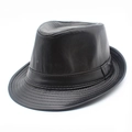 Classic black PU leather fedora hat for men with decorative band and stitched brim - One Size / Black