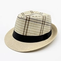 Herren Strohhut mit gestreiftem Karomuster und schwarzem Band für Outdoor und Strandurlaub - Einheitsgröße / Beige