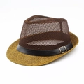 Breathable summer straw fedora for men with mesh crown and dark brown decorative band - One Size / Coffee
