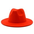 Detailed top view of classic red wool felt fedora with wide brim and structured crown - Orange Red