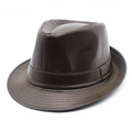 Classic dark brown PU leather Fedora hat with stylish yellow double stitching details - One Size / Coffee