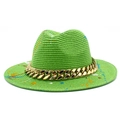 Cappello fedora in paglia verde neon con spruzzi di vernice graffiti e catena dorata - Verde