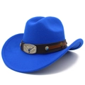 Detailed view of bright blue felt cowboy hat with leather band and metal bull head emblem - Sapphire Blue