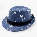 Cappello fedora di paglia blu scuro con stampe di palme e nastro di gros grain - Blu