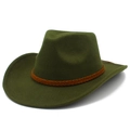 Detail of olive green wool felt cowboy hat with classic brown braided band and dented crown - Army Green